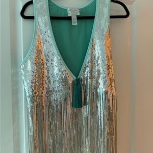 Forte Forte Silver and Teal Sequin Fringe Top